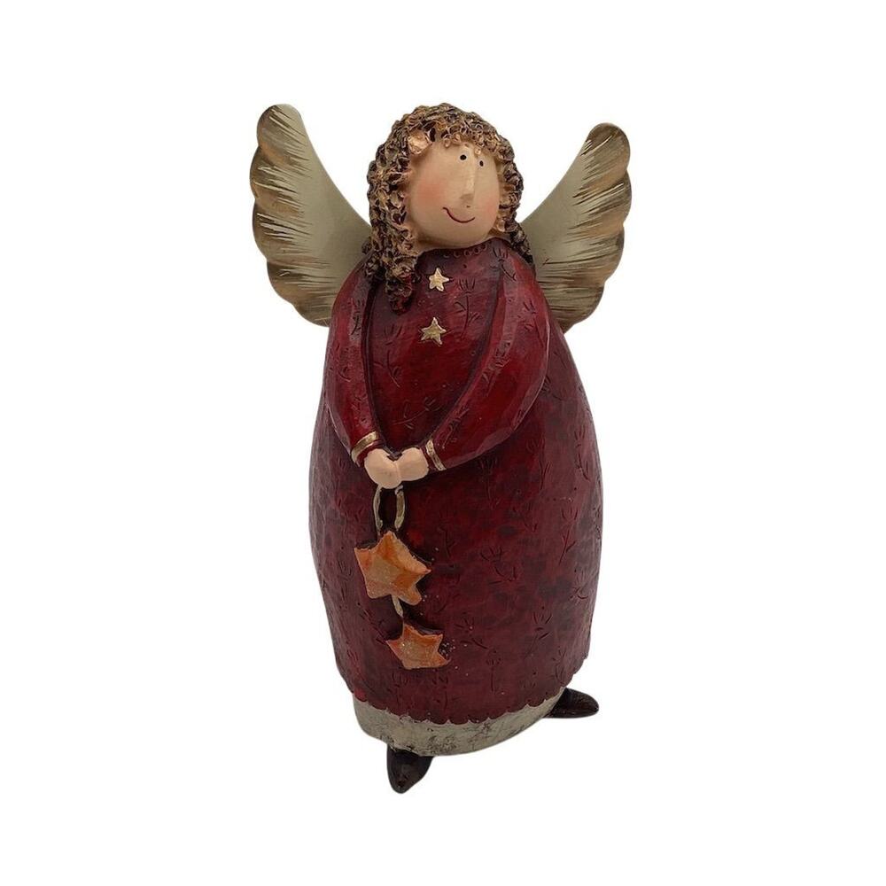 Charming Curly Haired Angel Figurine in Red Robe Holding Stars‎